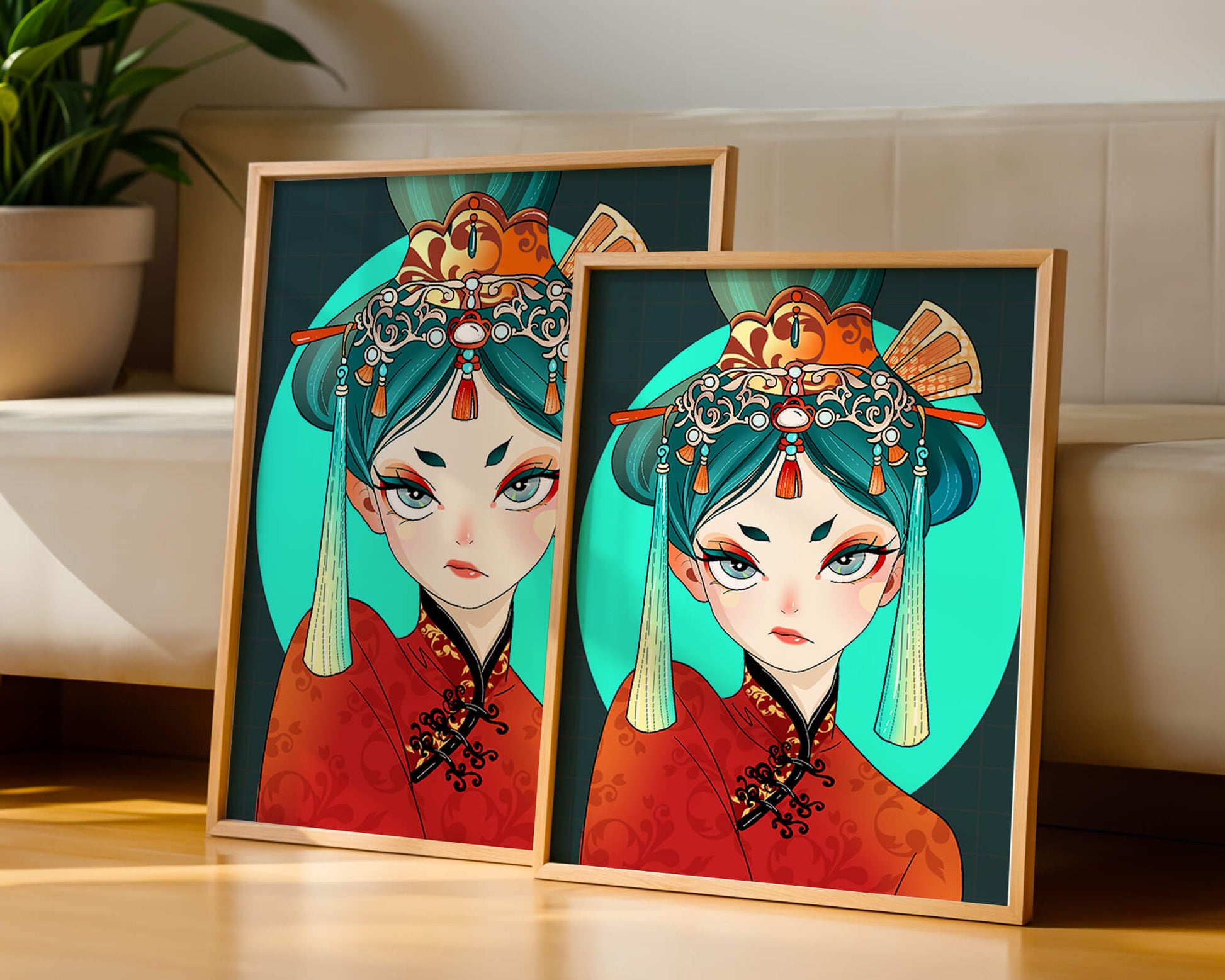 Elegant illustration of a woman in traditional attire with intricate headpiece