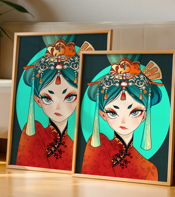 Elegant illustration of a woman in traditional attire with intricate headpiece