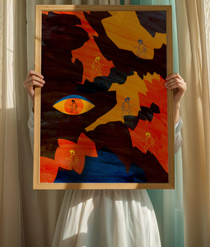 Abstract colorful artwork with eye and silhouettes