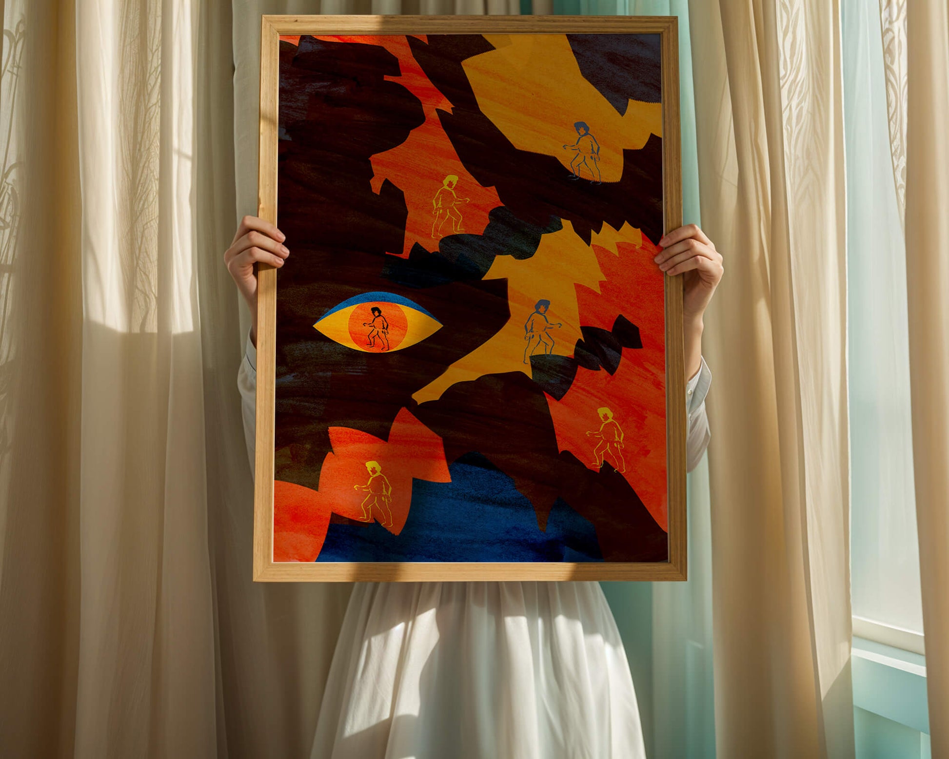 Abstract colorful artwork with eye and silhouettes