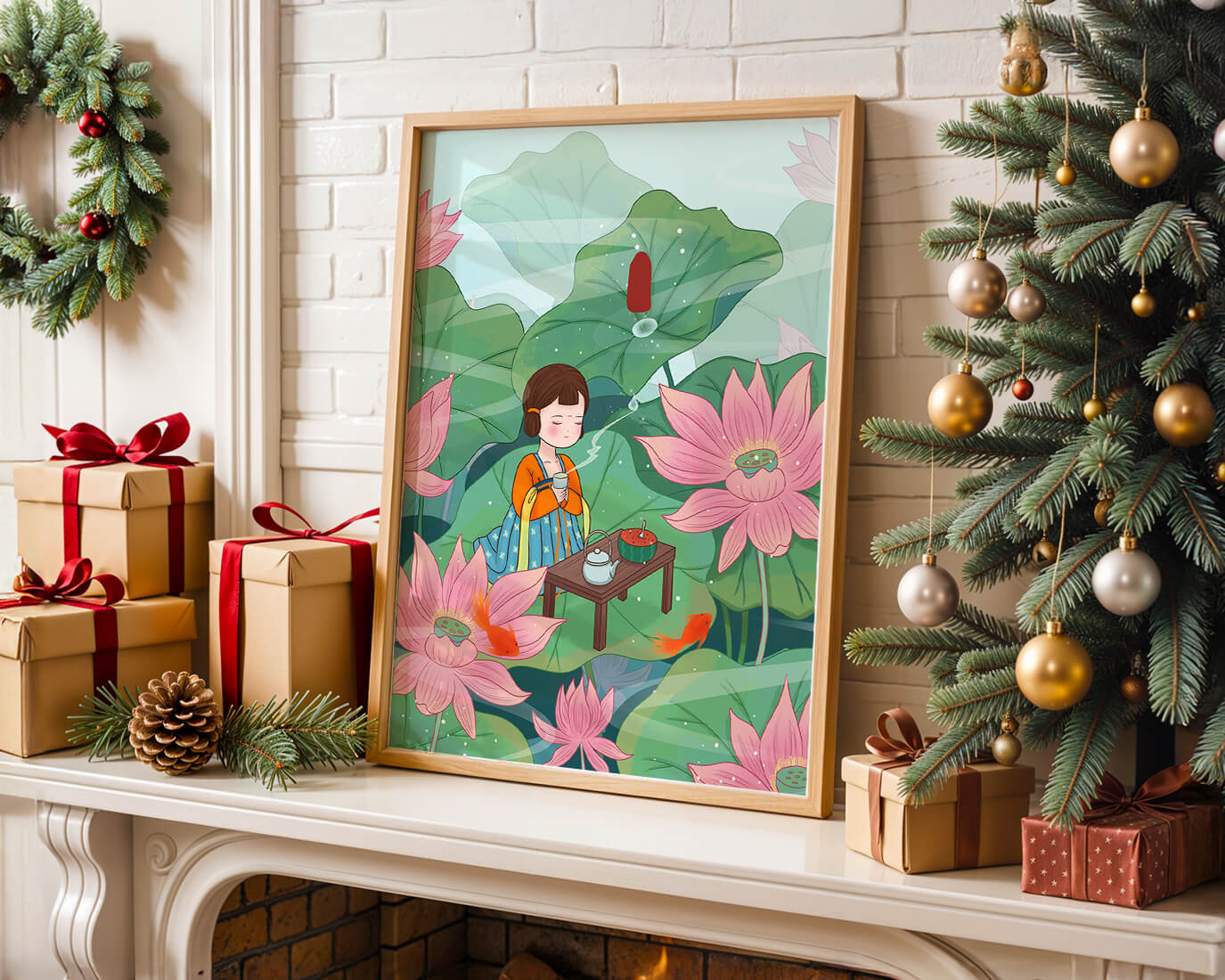Serene illustration of a girl enjoying tea among lotus flowers