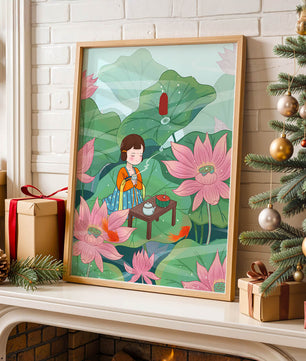 Serene illustration of a girl enjoying tea among lotus flowers