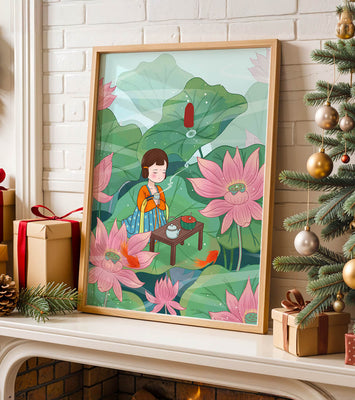 Serene illustration of a girl enjoying tea among lotus flowers