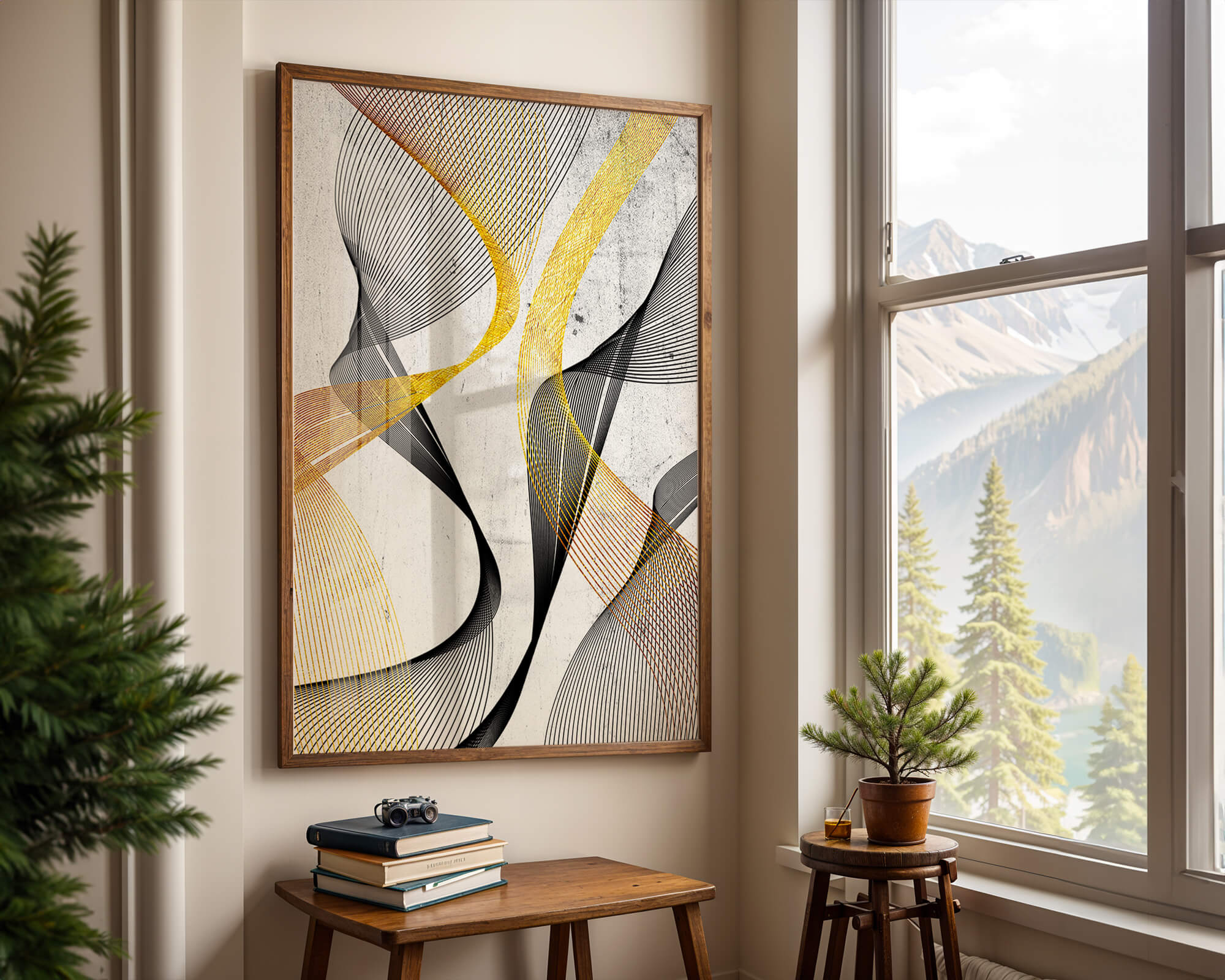 Abstract dynamic lines with golden and black swirls on textured background