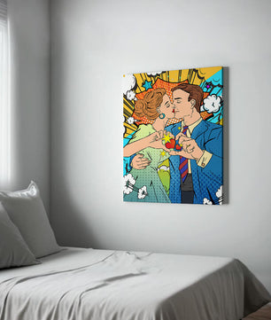 Ilustración de estilo pop art romántico de una pareja besándose con elementos cómicos