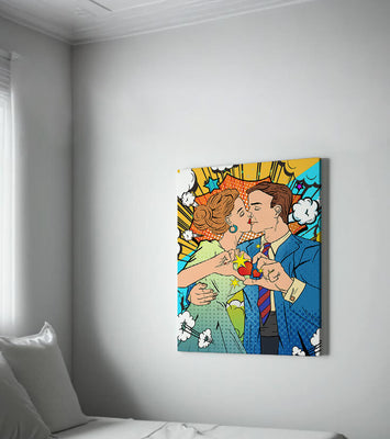 Romantic Pop Art Style Illustration of a Couple Kissing with Comic Elements