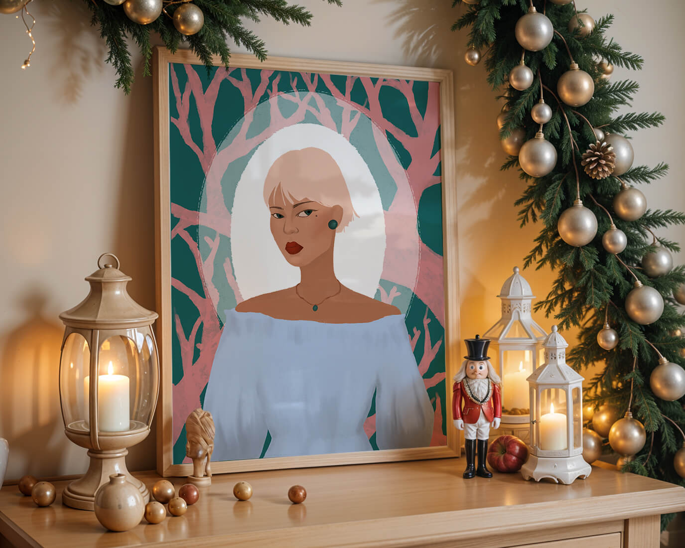 Illustration einer Frau mit einem pastellfarbenen Hintergrund aus abstrakten Bäumen