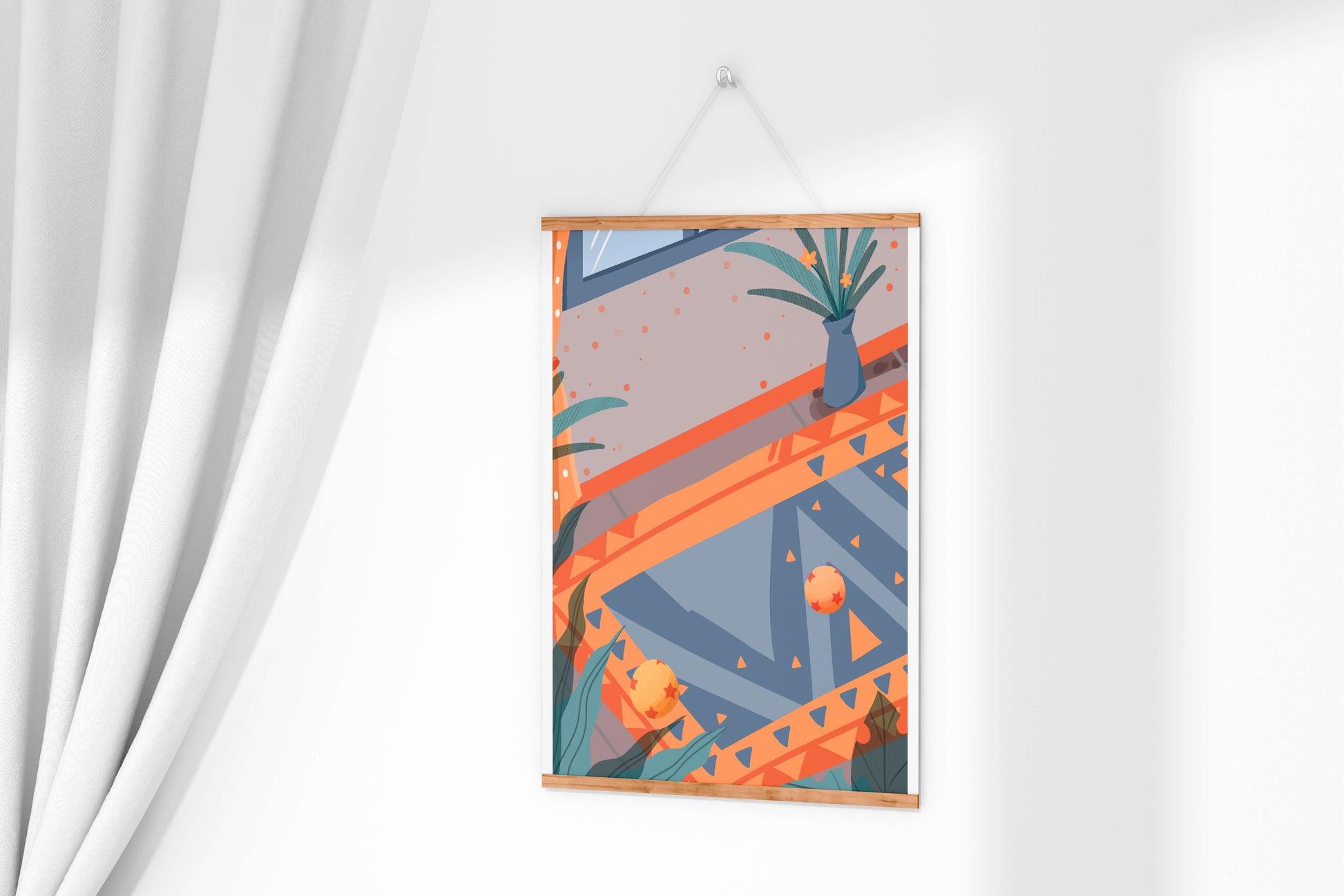 Interior abstracto moderno con patrones geométricos y planta