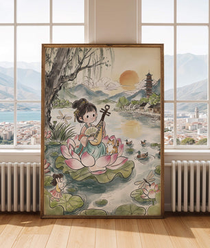 Traditional Asian Scenery with Girl Playing Instrument on Lotus Pond at Sunset