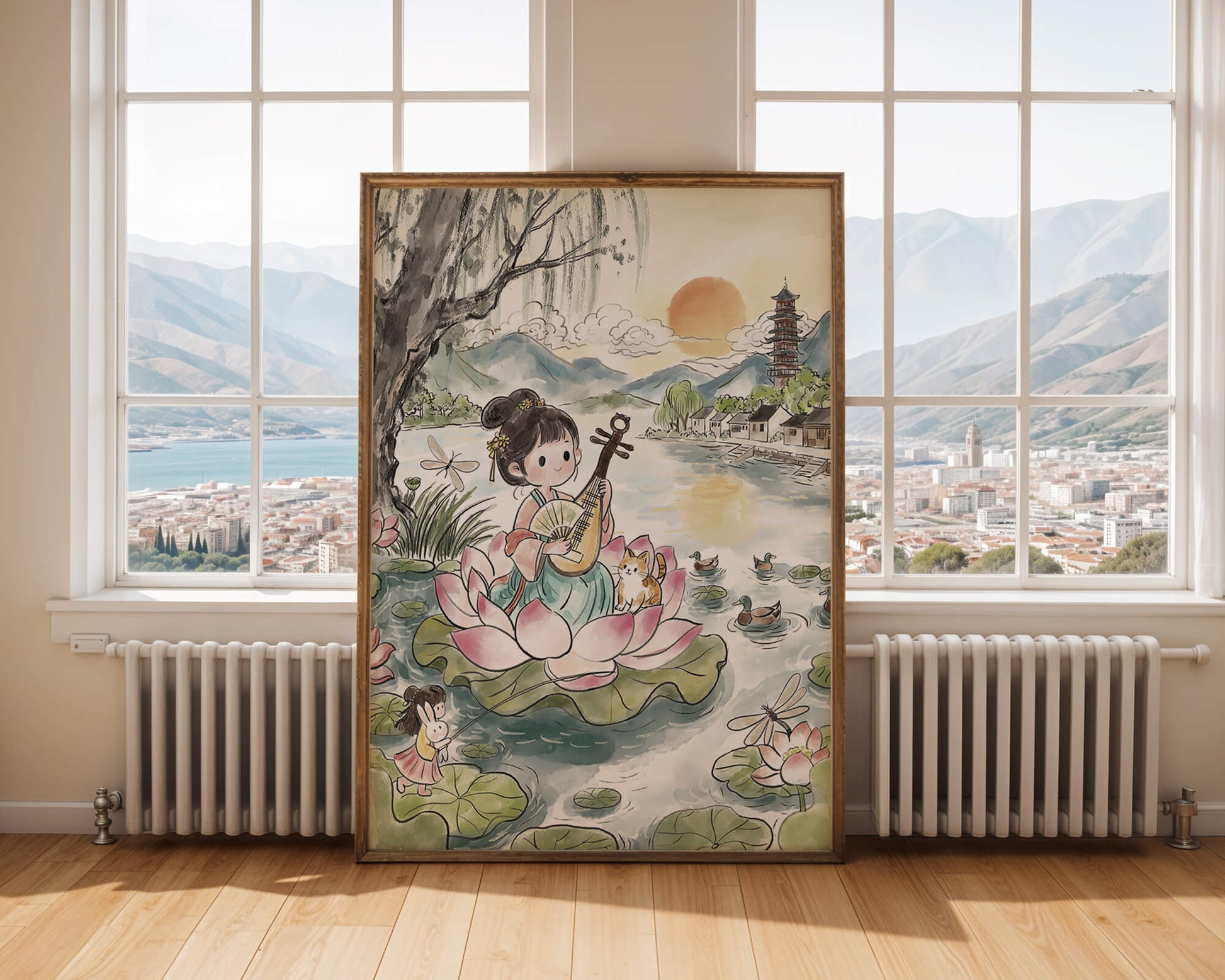 Traditional Asian Scenery with Girl Playing Instrument on Lotus Pond at Sunset