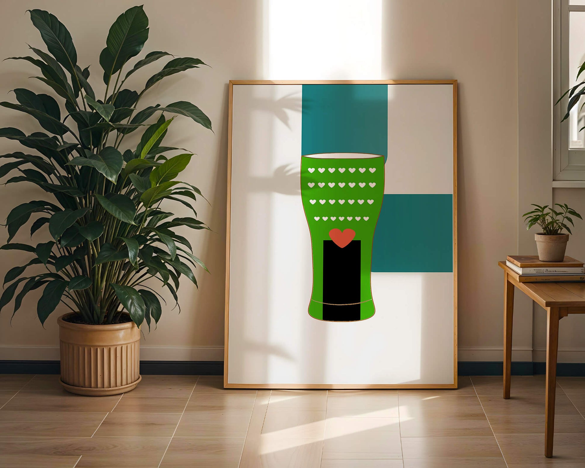 Green vase with heart pattern and minimalistic design