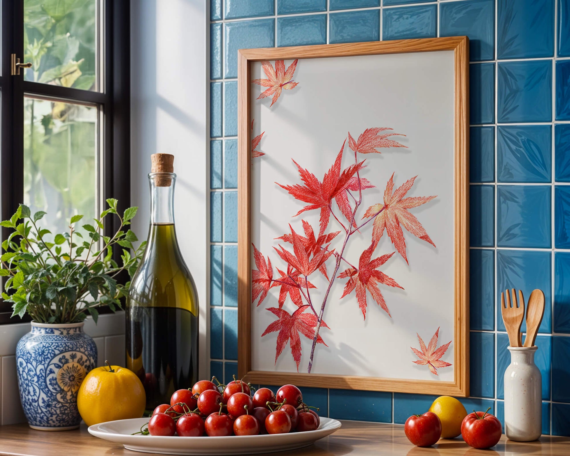 Delicate red maple leaves on white background