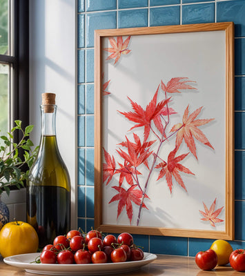 Delicate red maple leaves on white background