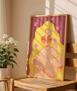Ilustración abstracta de una mujer serena con el pelo largo y rubio y flores