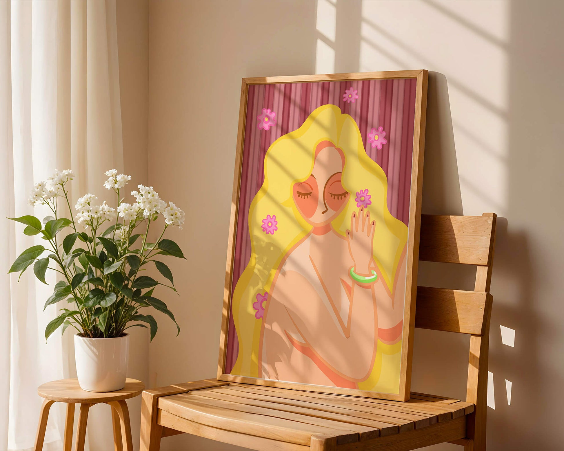 Ilustración abstracta de una mujer serena con el pelo largo y rubio y flores