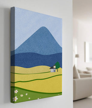Serene Countryside Landscape with Mountain and Flowers