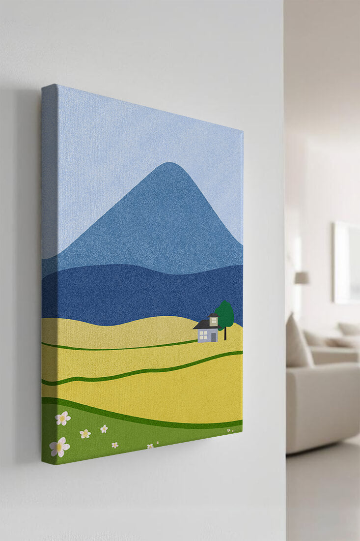 Serene Countryside Landscape with Mountain and Flowers