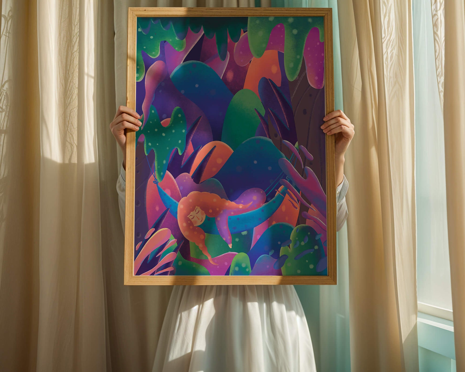 Selva surrealista onírica con mujer dormida