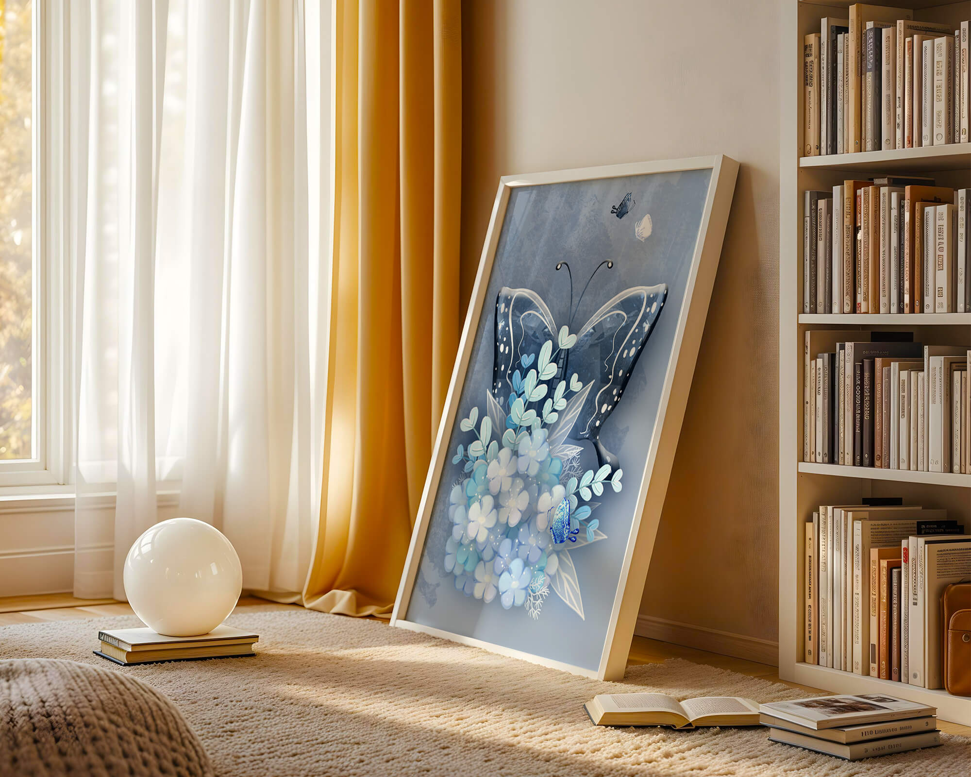 Floral and butterfly digital artwork in calming blue shades