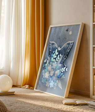 Floral and butterfly digital artwork in calming blue shades