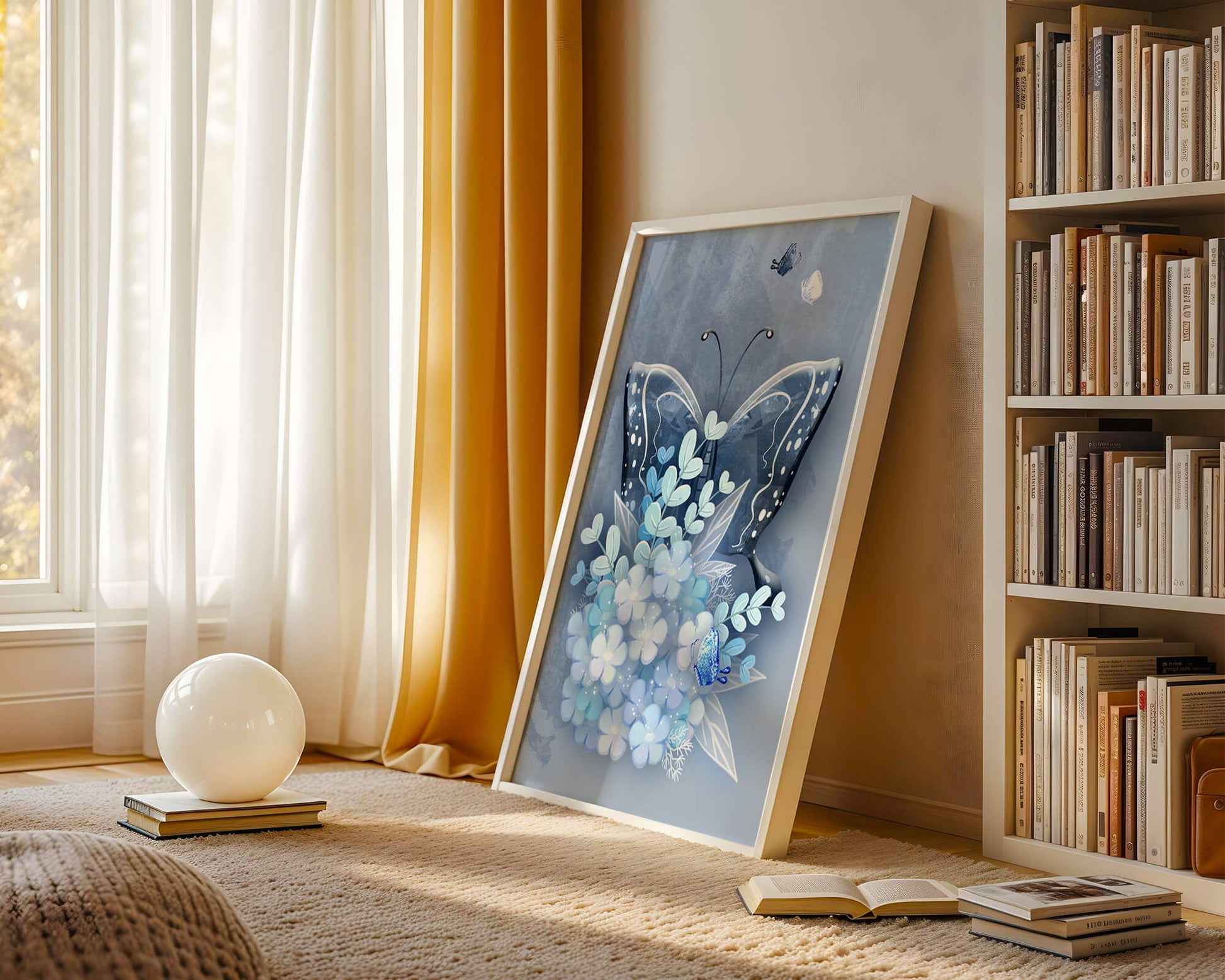 Floral and butterfly digital artwork in calming blue shades