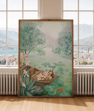 Serene Pond with Wooden Boat and Bridge Under Misty Sky - Mi tienda