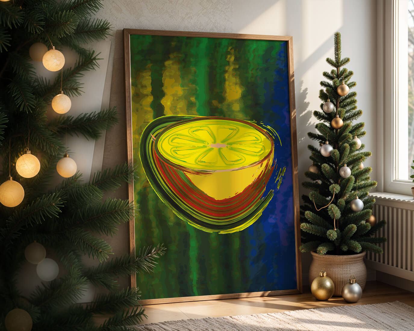 Vibrant abstract lemon slice with a colorful background