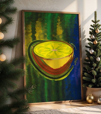 Vibrant abstract lemon slice with a colorful background