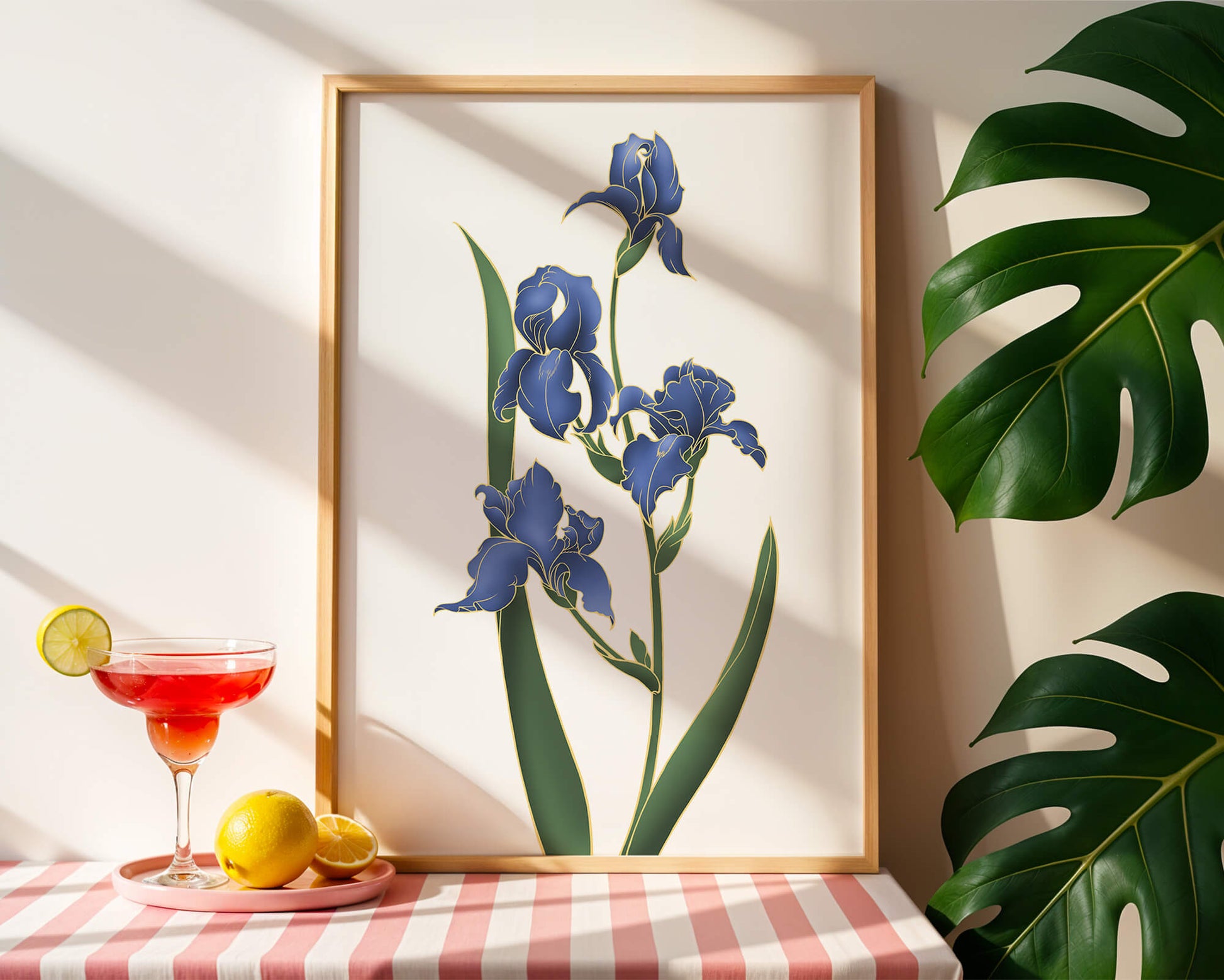 Flores de lirio azul elegantes con acentos dorados sobre un fondo blanco