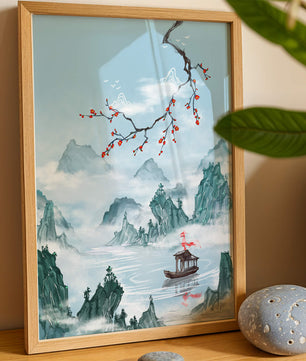 Chinese Landscape with Cherry Blossoms and Boat in Misty Mountains - Mi tienda