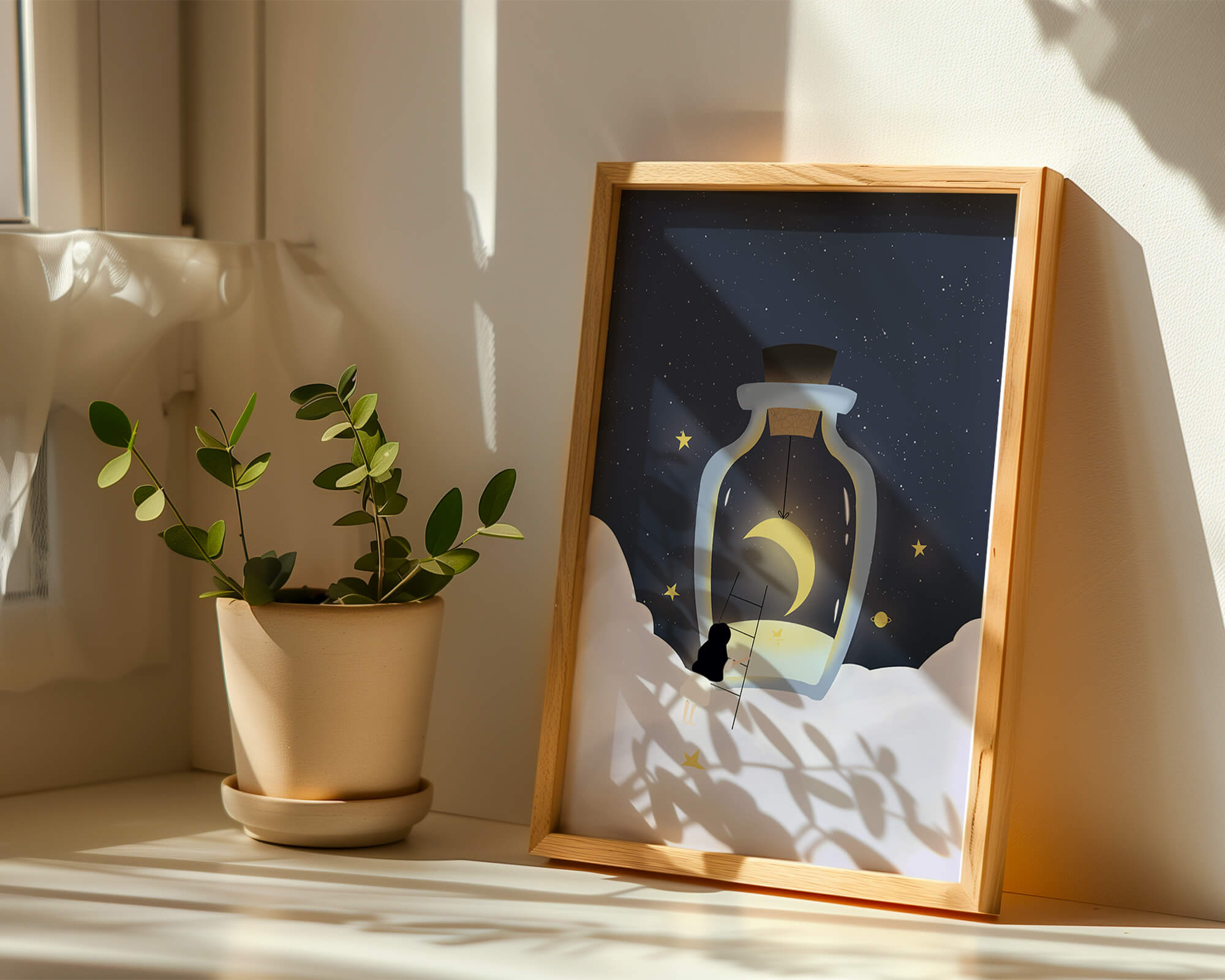 Fantasy Scene with Girl and Moon in a Bottle