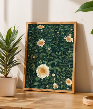Floral pattern with daisies on a dark green background