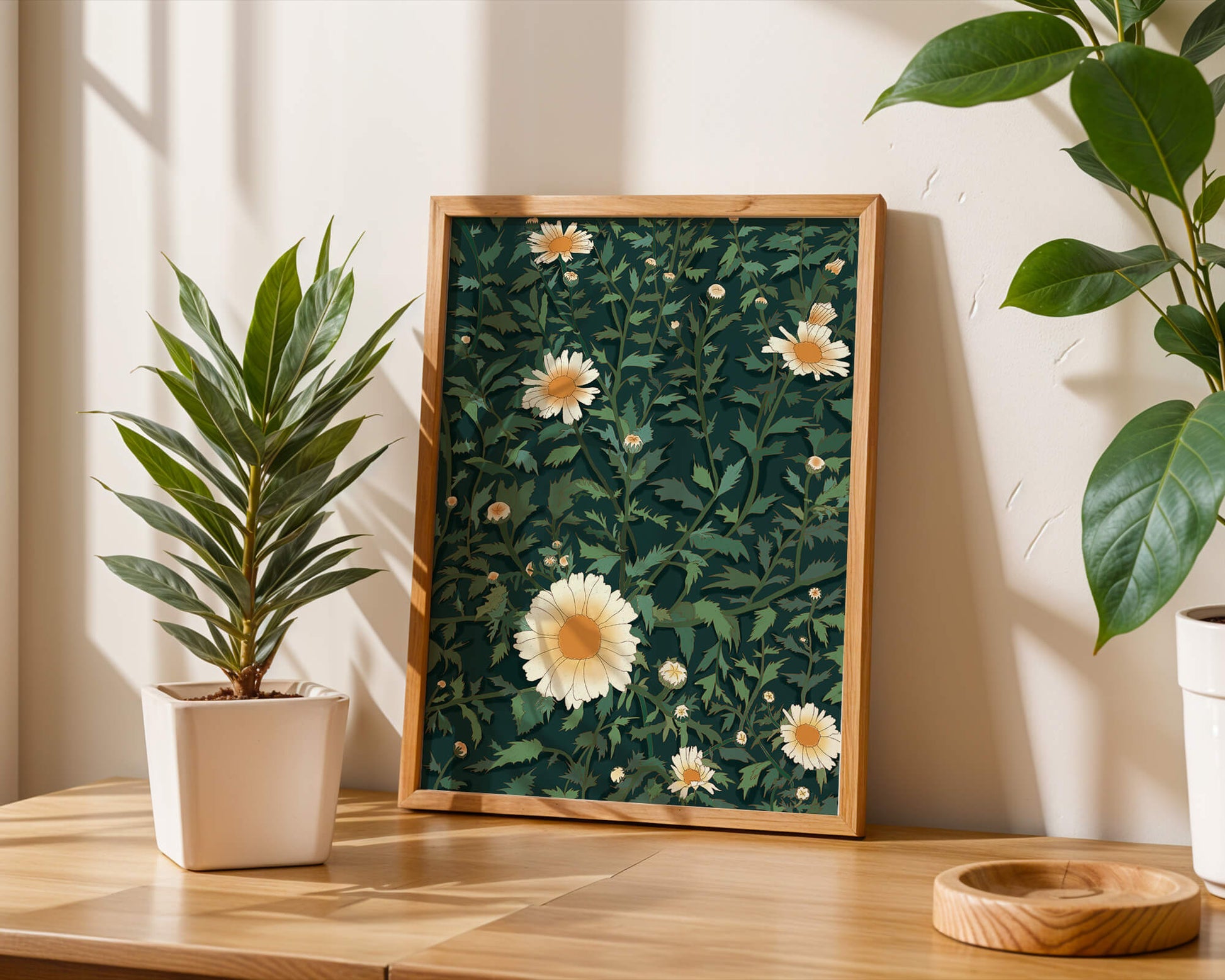 Floral pattern with daisies on a dark green background