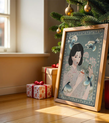 Elegant woman in floral kimono surrounded by birds and lotus flowers