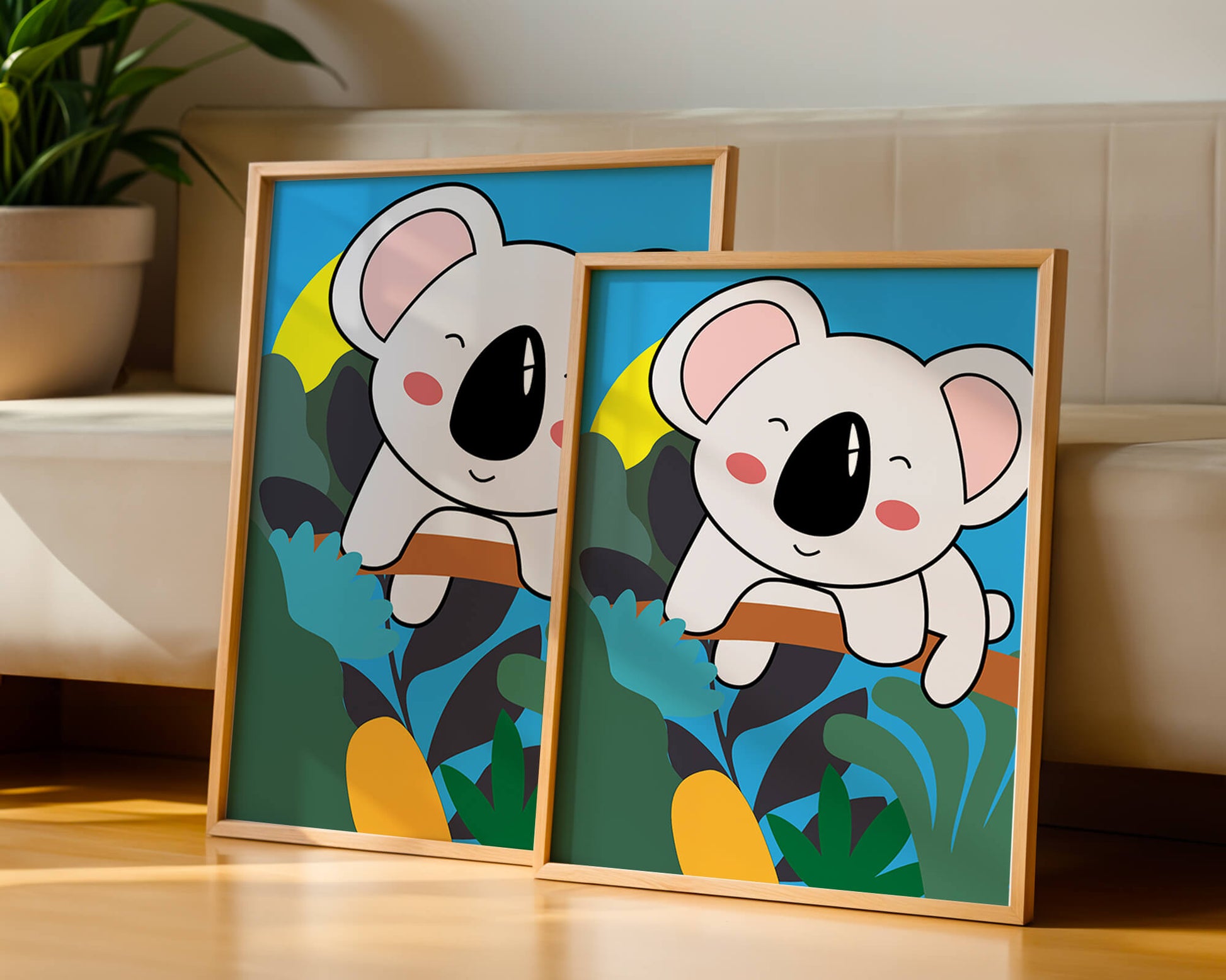 Charming illustrated koala on a branch with vibrant background