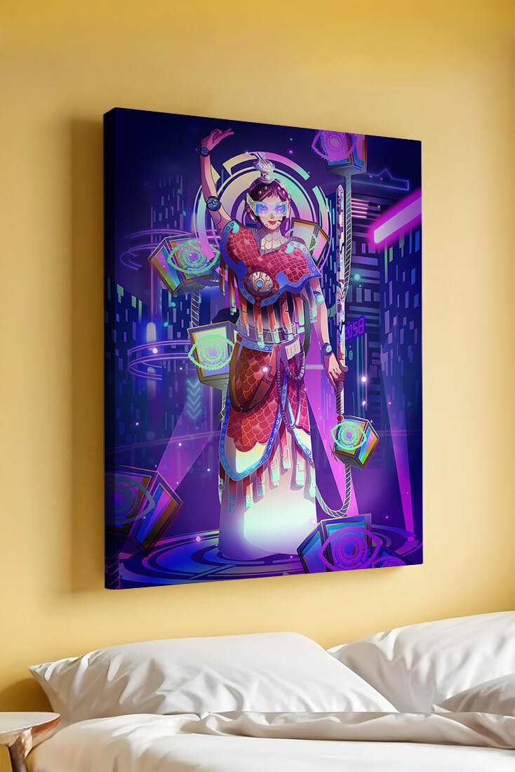Futuristic warrior in vibrant neon cityscape with digital elements