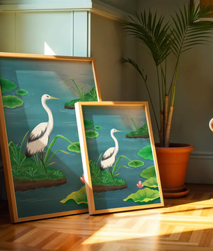 Serene wetland scene with white crane and water lilies