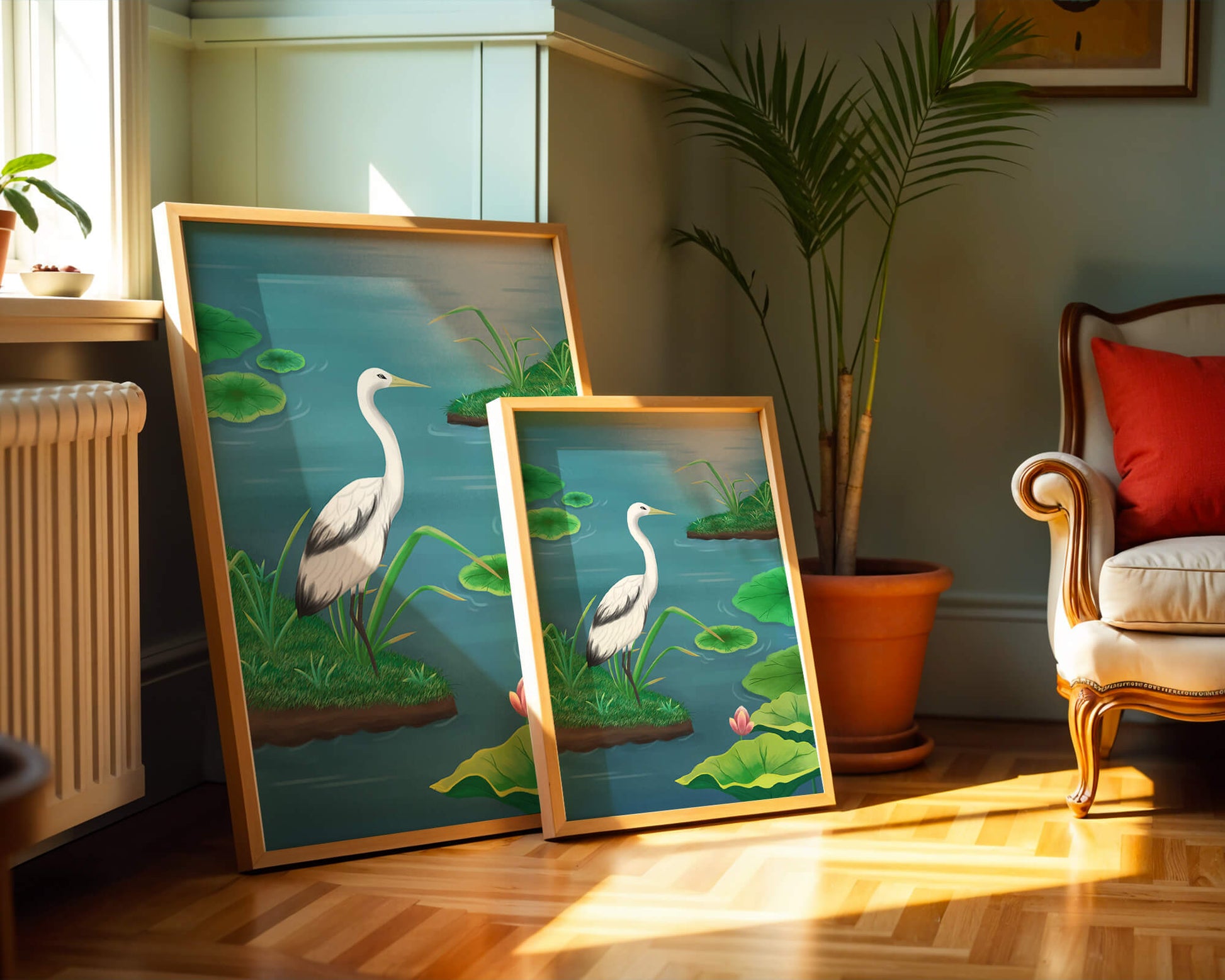 Serene wetland scene with white crane and water lilies
