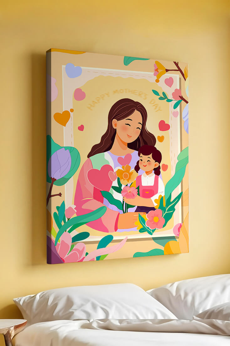 Illustration of mother and daughter with flowers for Mother's Day
