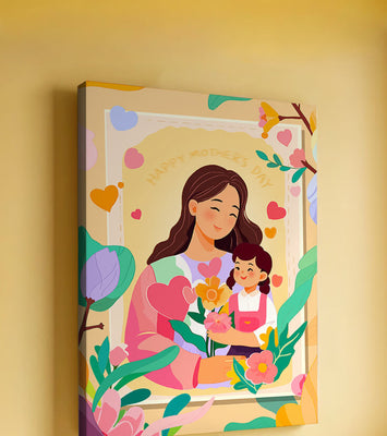 Illustration of mother and daughter with flowers for Mother's Day