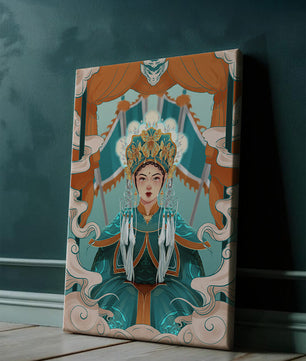 Illustration élégante d'une princesse orientale avec une tenue royale et des éléments mythiques