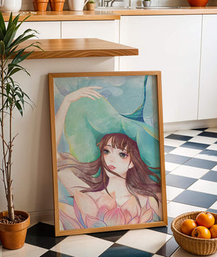 Serene water-inspired portrait of a woman with flowers