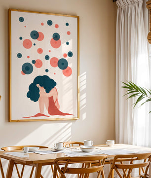 Abstract Illustration of a Woman with Curly Blue Hair Surrounded by Colorful Circles - Mi tienda