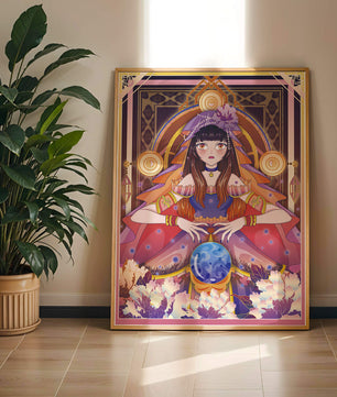 Obra de arte de fantasía con una adivina que tiene una bola de cristal y flores