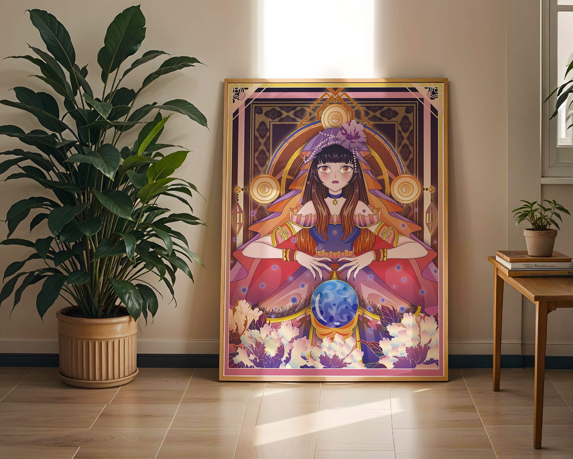 Fantasy Artwork Featuring a Fortune Teller with Crystal Ball and Flowers