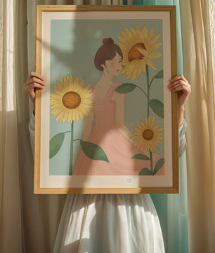 Ilustración de una mujer en un vestido rosa con girasoles