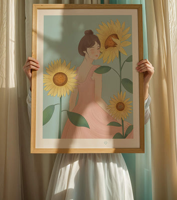 Illustration of a woman in a pink dress with sunflowers