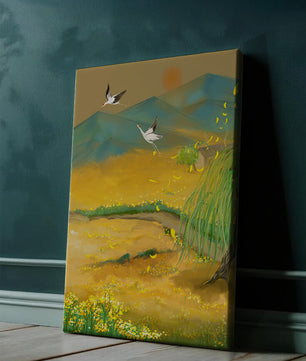 Ruhige Landschaft mit fliegenden Kranichen und goldenen Blüten