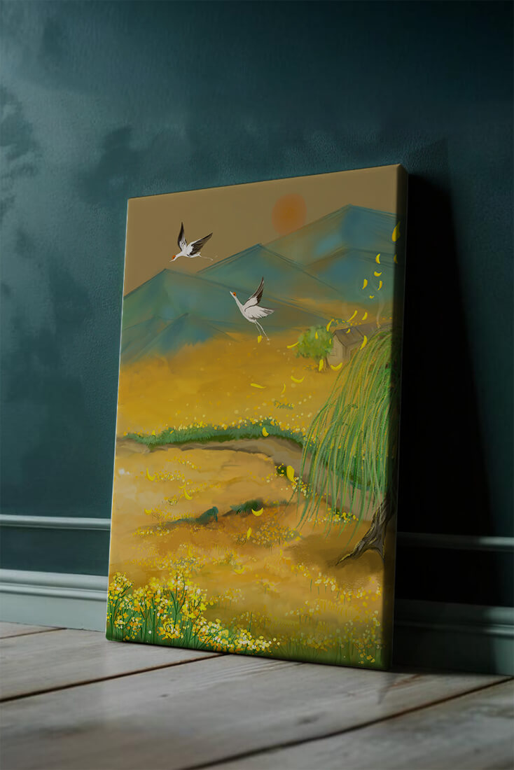 Ruhige Landschaft mit fliegenden Kranichen und goldenen Blüten