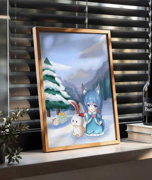 Winter scene with cute chibi character and bunny in snowy landscape